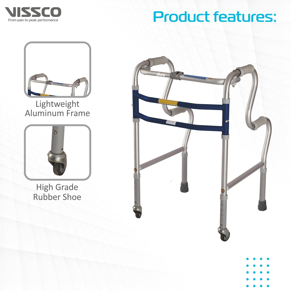 Vissco Dura Step Walker (Aluminium) with Wheel | Foldable Walking Aid | Adjustable Height | Light Weight | With Premium Grade Rubber Shoes and PVC Grip (Grey)