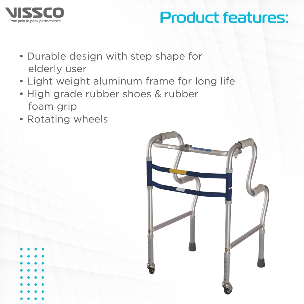 Vissco Dura Step Walker (Aluminium) with Wheel | Foldable Walking Aid | Adjustable Height | Light Weight | With Premium Grade Rubber Shoes and PVC Grip (Grey)