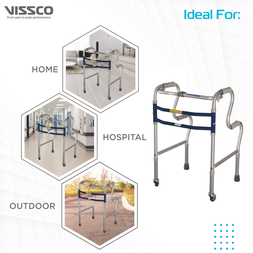 Vissco Dura Step Walker (Aluminium) with Wheel | Foldable Walking Aid | Adjustable Height | Light Weight | With Premium Grade Rubber Shoes and PVC Grip (Grey)