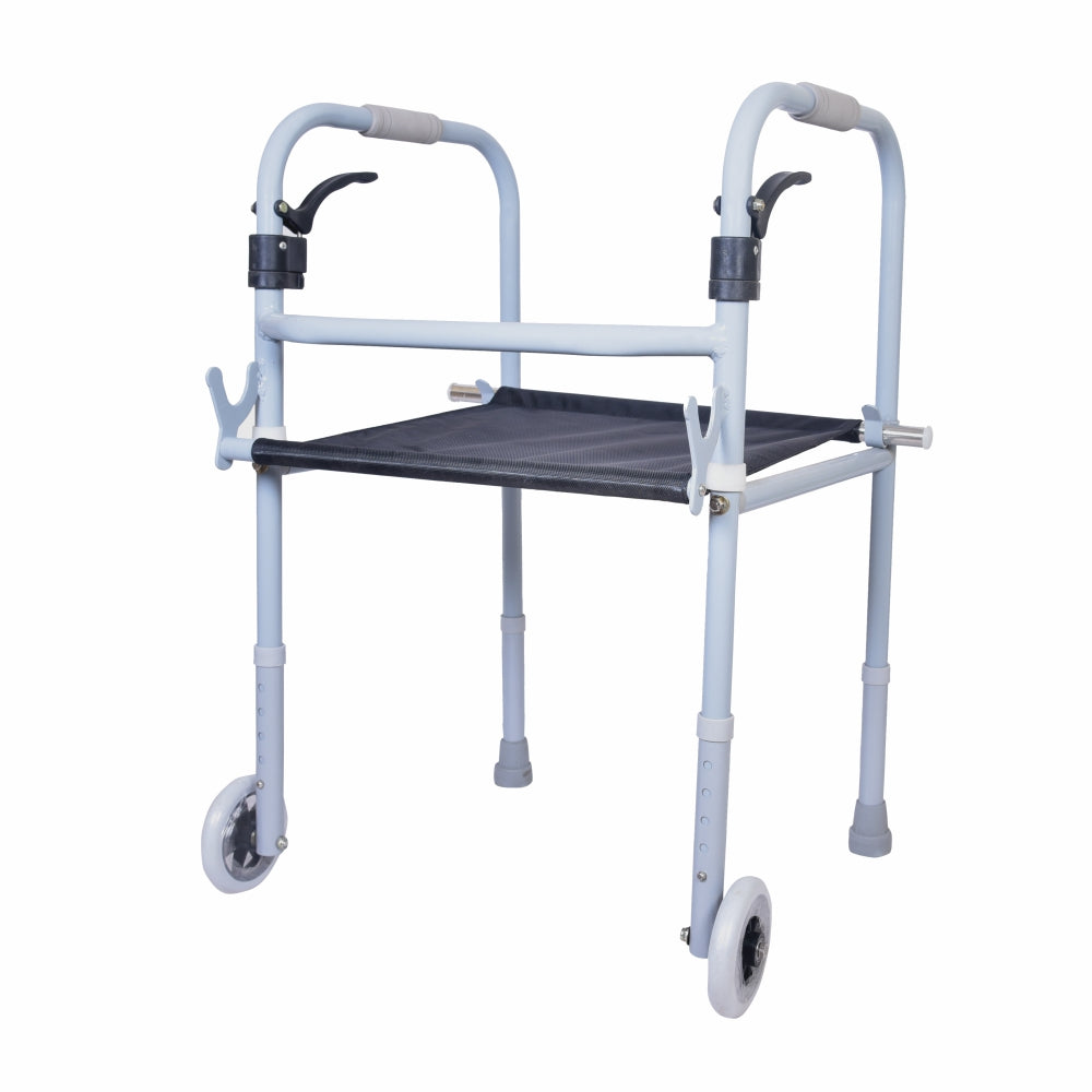 Vissco Dura Step Walker (Aluminium) with Seat | Foldable Walking Aid | Adjustable Height | Light Weight | With 5” Big Straight Wheels and PVC Grip (Grey)