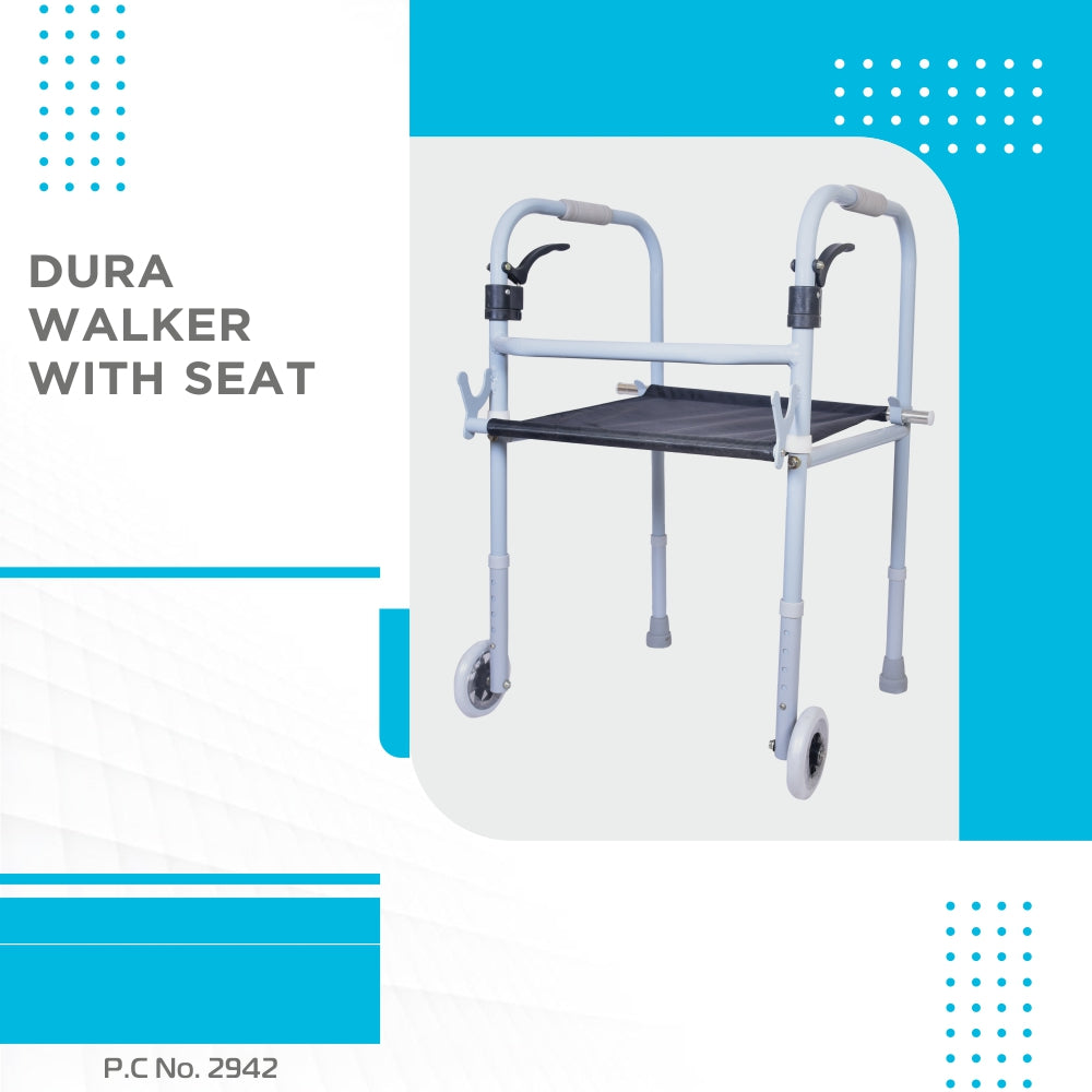 Vissco Dura Step Walker (Aluminium) with Seat | Foldable Walking Aid | Adjustable Height | Light Weight | With 5” Big Straight Wheels and PVC Grip (Grey)