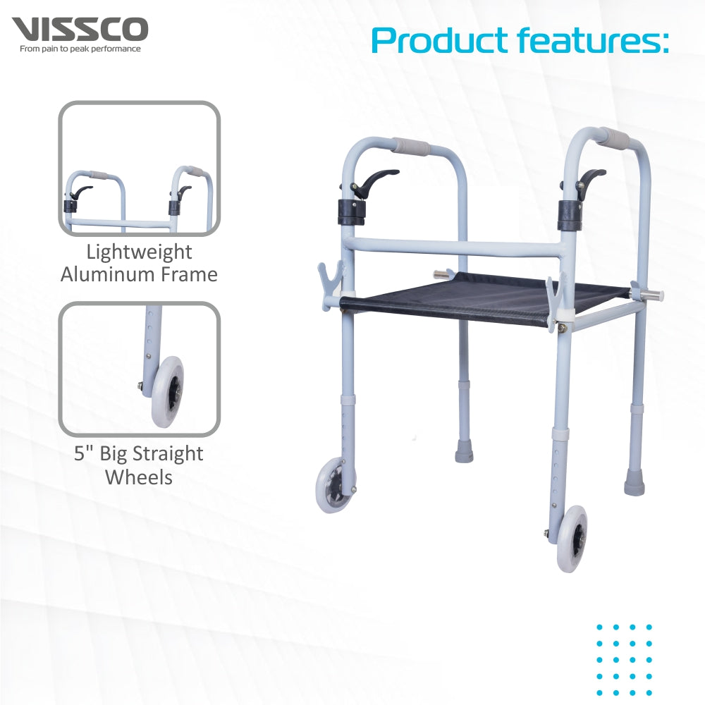 Vissco Dura Step Walker (Aluminium) with Seat | Foldable Walking Aid | Adjustable Height | Light Weight | With 5” Big Straight Wheels and PVC Grip (Grey)