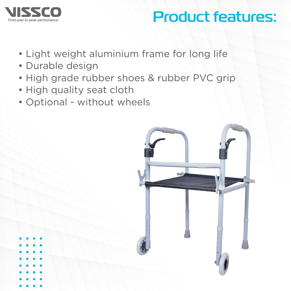 Vissco Dura Step Walker (Aluminium) with Seat | Foldable Walking Aid | Adjustable Height | Light Weight | With 5” Big Straight Wheels and PVC Grip (Grey)