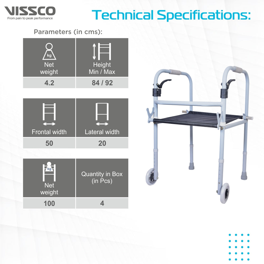 Vissco Dura Step Walker (Aluminium) with Seat | Foldable Walking Aid | Adjustable Height | Light Weight | With 5” Big Straight Wheels and PVC Grip (Grey)