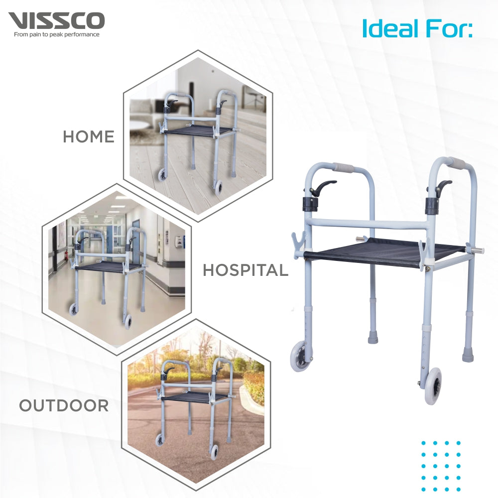 Vissco Dura Step Walker (Aluminium) with Seat | Foldable Walking Aid | Adjustable Height | Light Weight | With 5” Big Straight Wheels and PVC Grip (Grey)