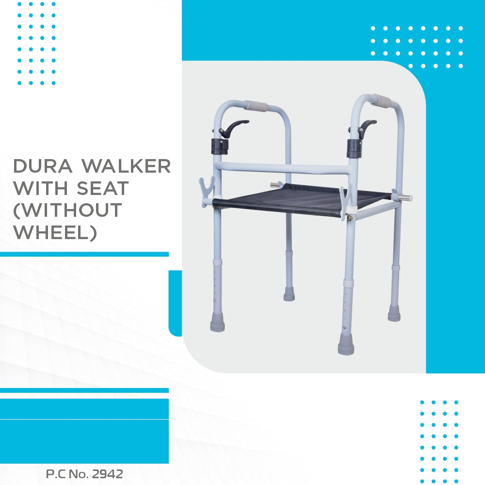Vissco Dura Step Walker with Seat | Foldable Walking Aid | Adjustable Height | Light Weight | With Premium Grade Rubber Shoes and PVC Grip (Grey)