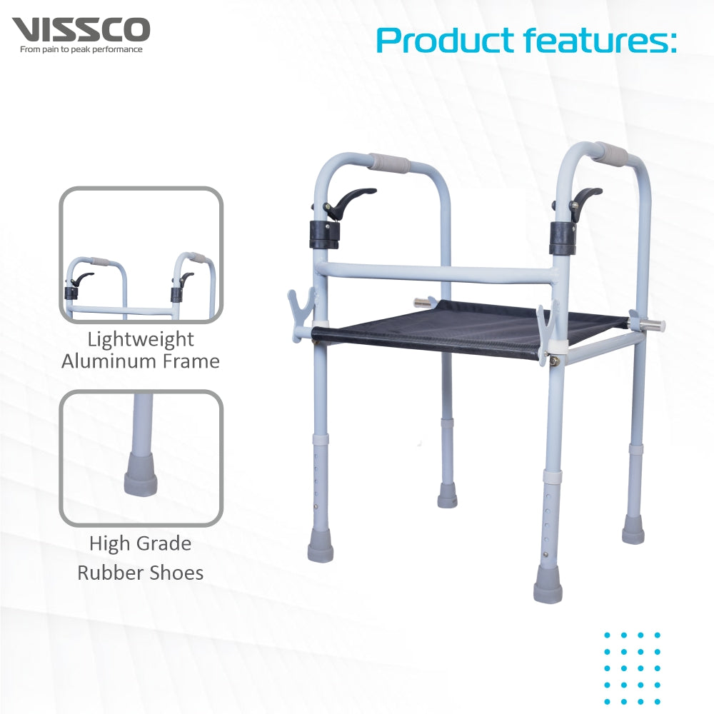 Vissco Dura Step Walker with Seat | Foldable Walking Aid | Adjustable Height | Light Weight | With Premium Grade Rubber Shoes and PVC Grip (Grey)