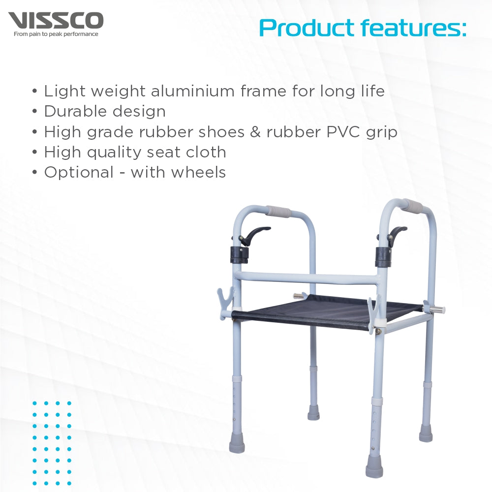 Vissco Dura Step Walker with Seat | Foldable Walking Aid | Adjustable Height | Light Weight | With Premium Grade Rubber Shoes and PVC Grip (Grey)