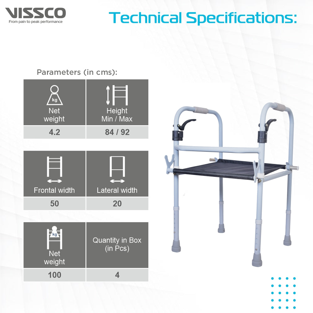 Vissco Dura Step Walker with Seat | Foldable Walking Aid | Adjustable Height | Light Weight | With Premium Grade Rubber Shoes and PVC Grip (Grey)