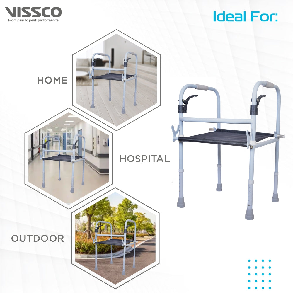 Vissco Dura Step Walker with Seat | Foldable Walking Aid | Adjustable Height | Light Weight | With Premium Grade Rubber Shoes and PVC Grip (Grey)