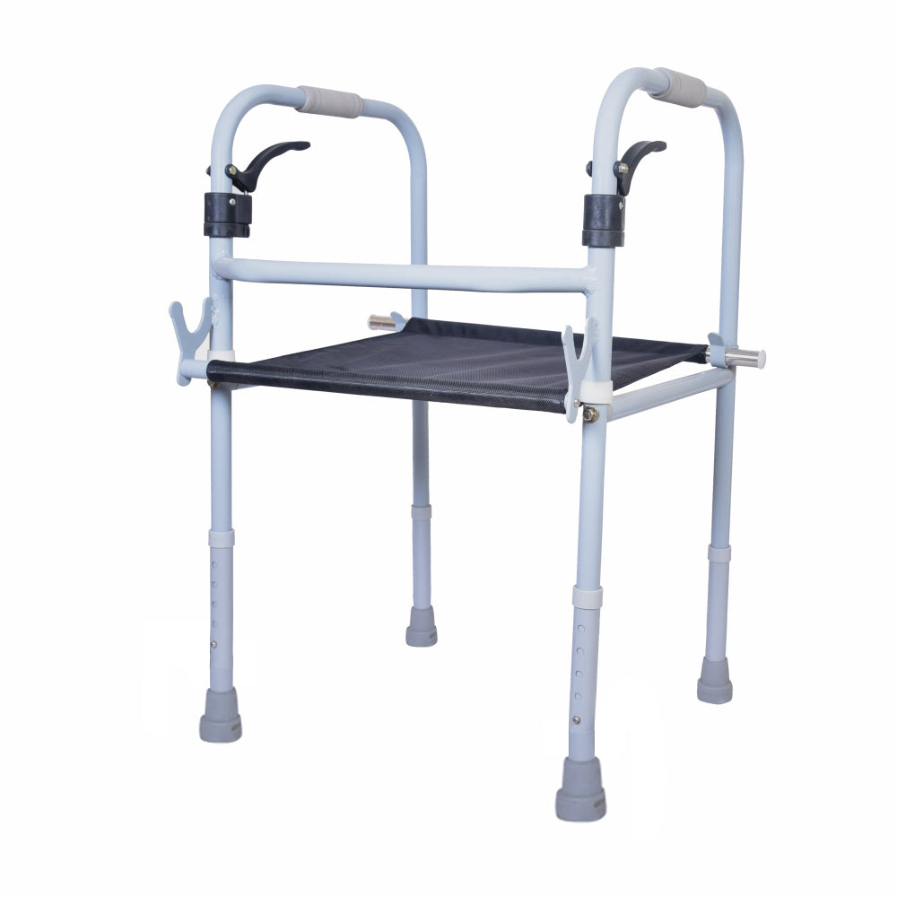 Vissco Dura Step Walker with Seat | Foldable Walking Aid | Adjustable Height | Light Weight | With Premium Grade Rubber Shoes and PVC Grip (Grey)