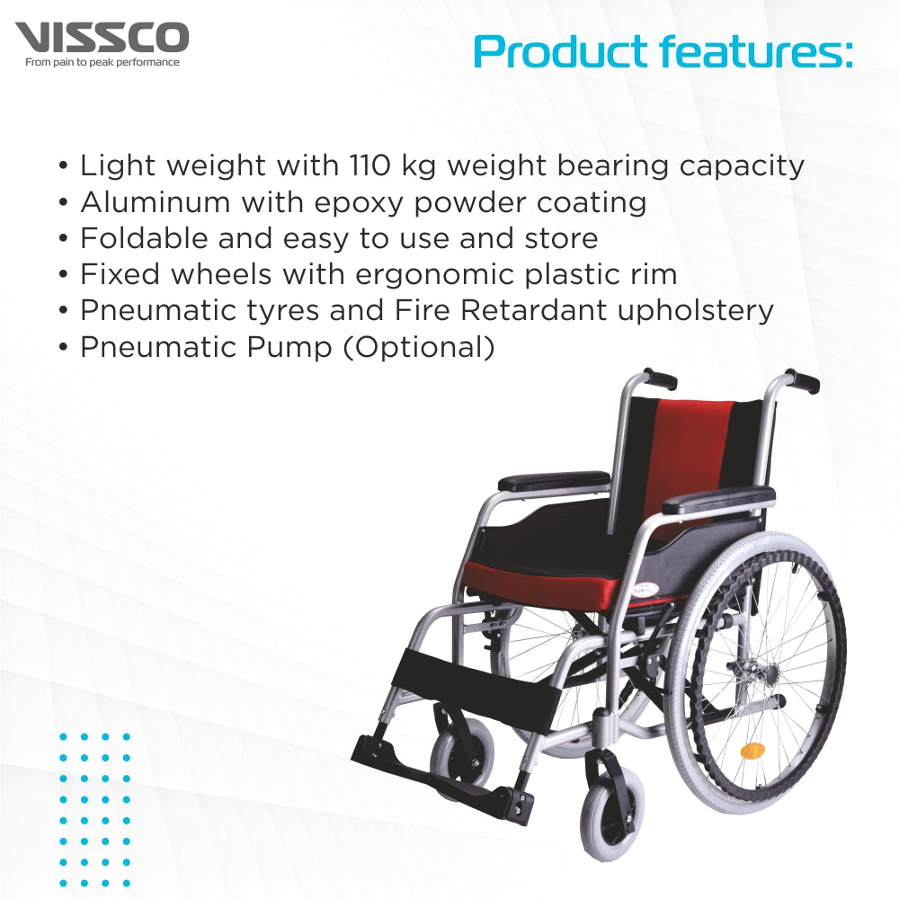 Vissco Superio Aluminium Wheelchair with Fixed Wheels & Plastic Rim | Fixed Armrest | Foldable | Weight Bearing Capacity 110kg (Multicolor)