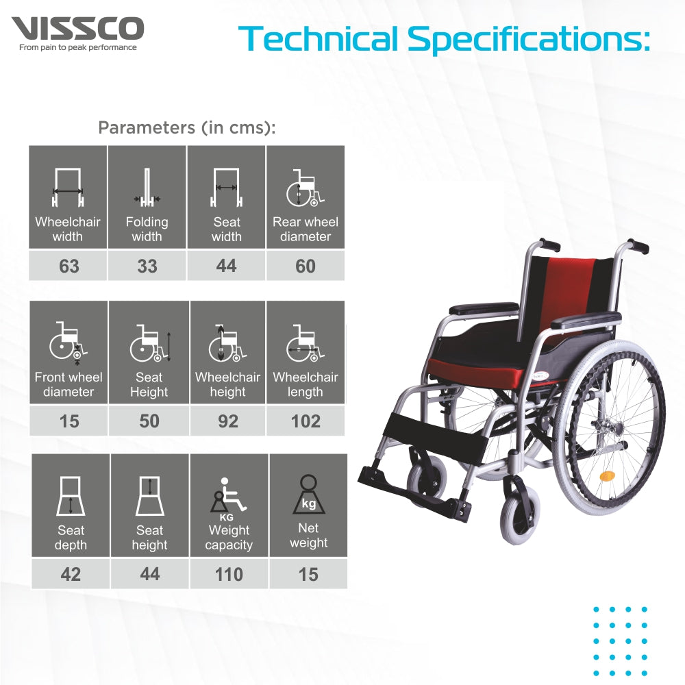 Vissco Superio Aluminium Wheelchair with Fixed Wheels & Plastic Rim | Fixed Armrest | Foldable | Weight Bearing Capacity 110kg (Multicolor)