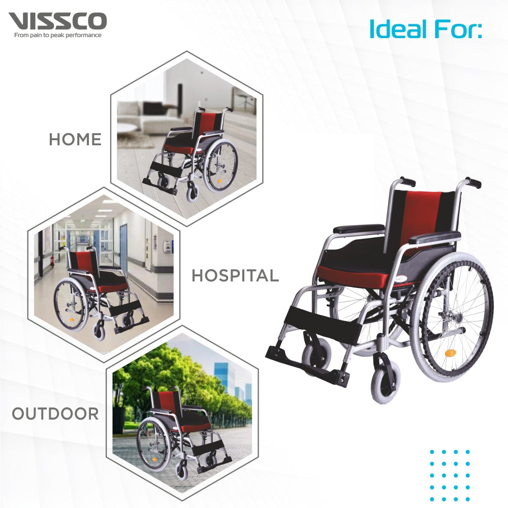 Vissco Superio Aluminium Wheelchair with Fixed Wheels & Plastic Rim | Fixed Armrest | Foldable | Weight Bearing Capacity 110kg (Multicolor)
