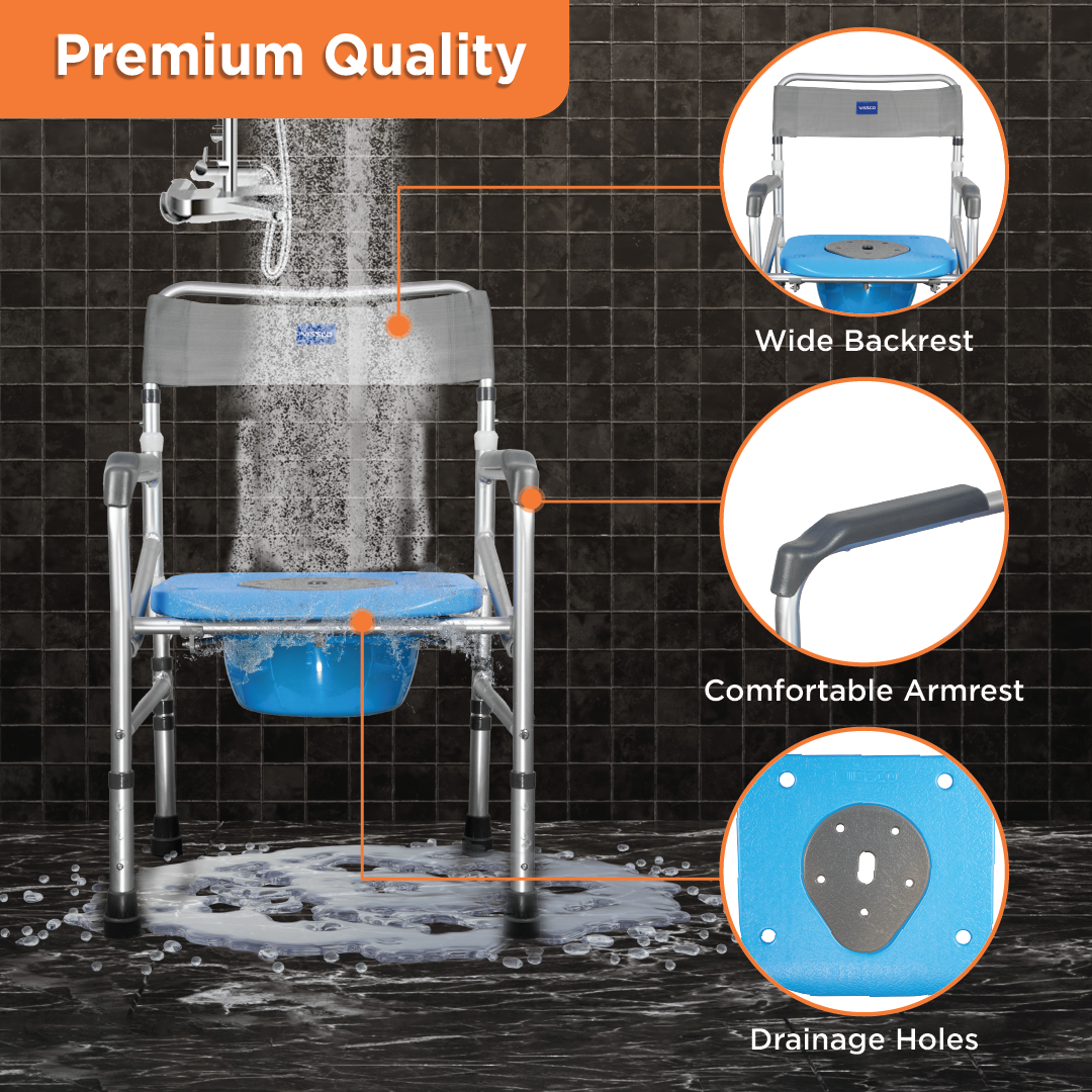 Vissco Comfort 3 in 1 Foldable Commode Shower Chair | Bath Aid with Washable Backrest - Without Castor (Grey)