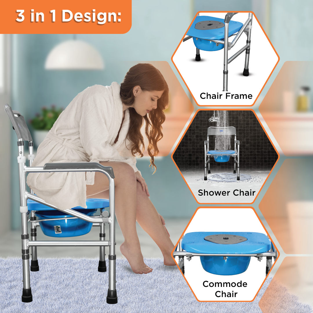 Vissco Comfort 3 in 1 Foldable Commode Shower Chair | Bath Aid with Washable Backrest - Without Castor (Grey)