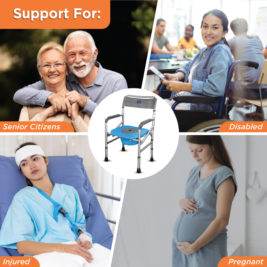 Vissco Comfort 3 in 1 Foldable Commode Shower Chair | Bath Aid with Washable Backrest - Without Castor (Grey)