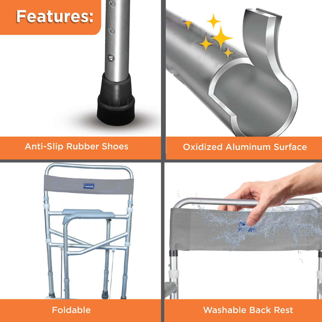 Vissco Comfort 3 in 1 Foldable Commode Shower Chair | Bath Aid with Washable Backrest - Without Castor (Grey)