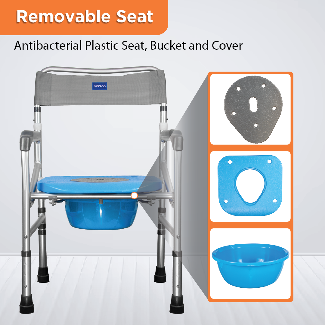 Vissco Comfort 3 in 1 Foldable Commode Shower Chair | Bath Aid with Washable Backrest - Without Castor (Grey)