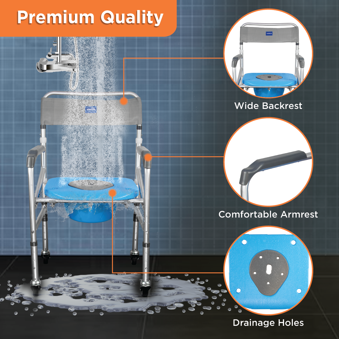 Vissco Comfort 3 in 1 Foldable Commode Shower Chair | Bath Aid with Washable Backrest - With Castor (Grey)