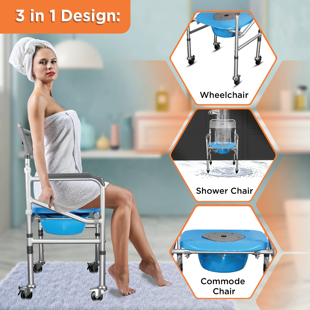 Vissco Comfort 3 in 1 Foldable Commode Shower Chair | Bath Aid with Washable Backrest - With Castor (Grey)