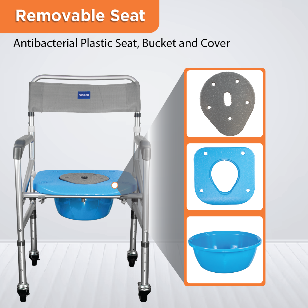 Vissco Comfort 3 in 1 Foldable Commode Shower Chair | Bath Aid with Washable Backrest - With Castor (Grey)