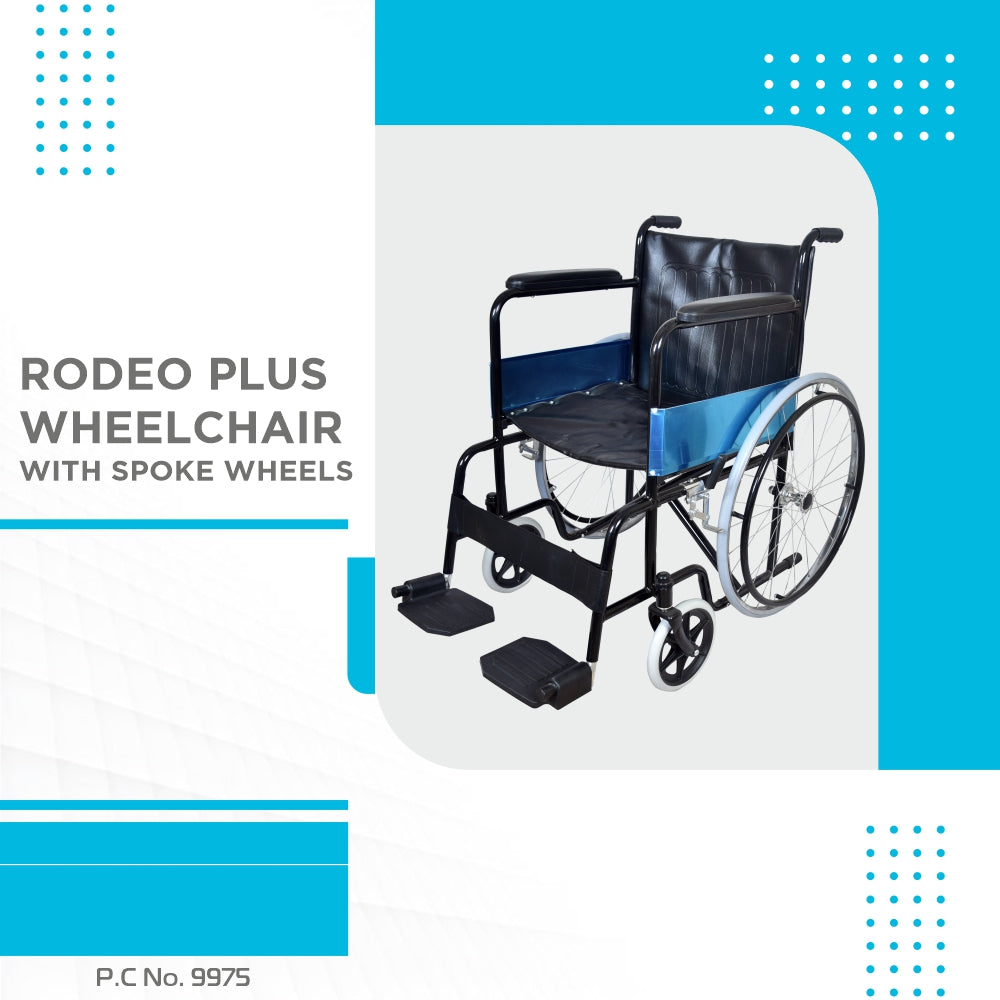 Vissco Rodeo Plus Wheelchair with Spoke Wheels | Fixed Handle & Swingable Footrest | Epoxy Powder Coated | Weight Capacity 110kg | Color (Black)