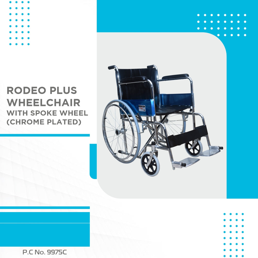 Vissco Rodeo Plus Wheelchair With Spoke Wheels | Fixed Handle | Swingable Footrest | Chrome Plated | Weight Capacity 100kg (Grey)
