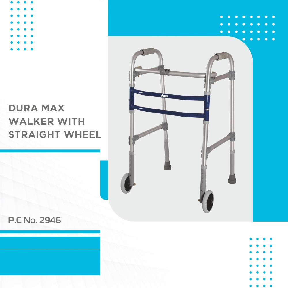 Vissco Dura Max Walker (Aluminium) With Straight Wheel for Elderly & Physically Challenged | Foldable |Light Weight & Adjustable Height (Grey)