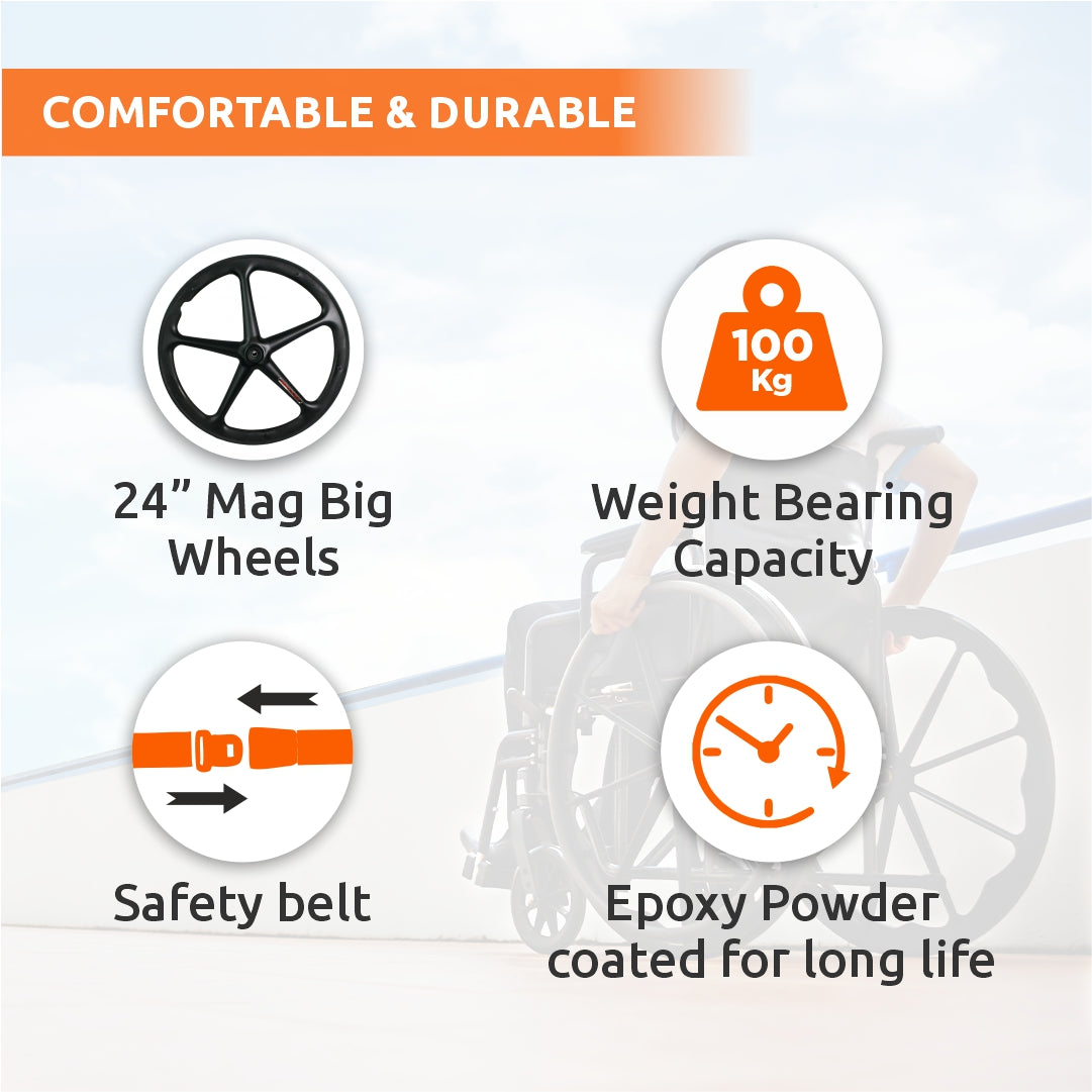 Vissco Rodeo Veer Mag Wheel | WheelChair With Fixed Handle | Swingable Footrest | Weight Capacity 100kg (Grey)