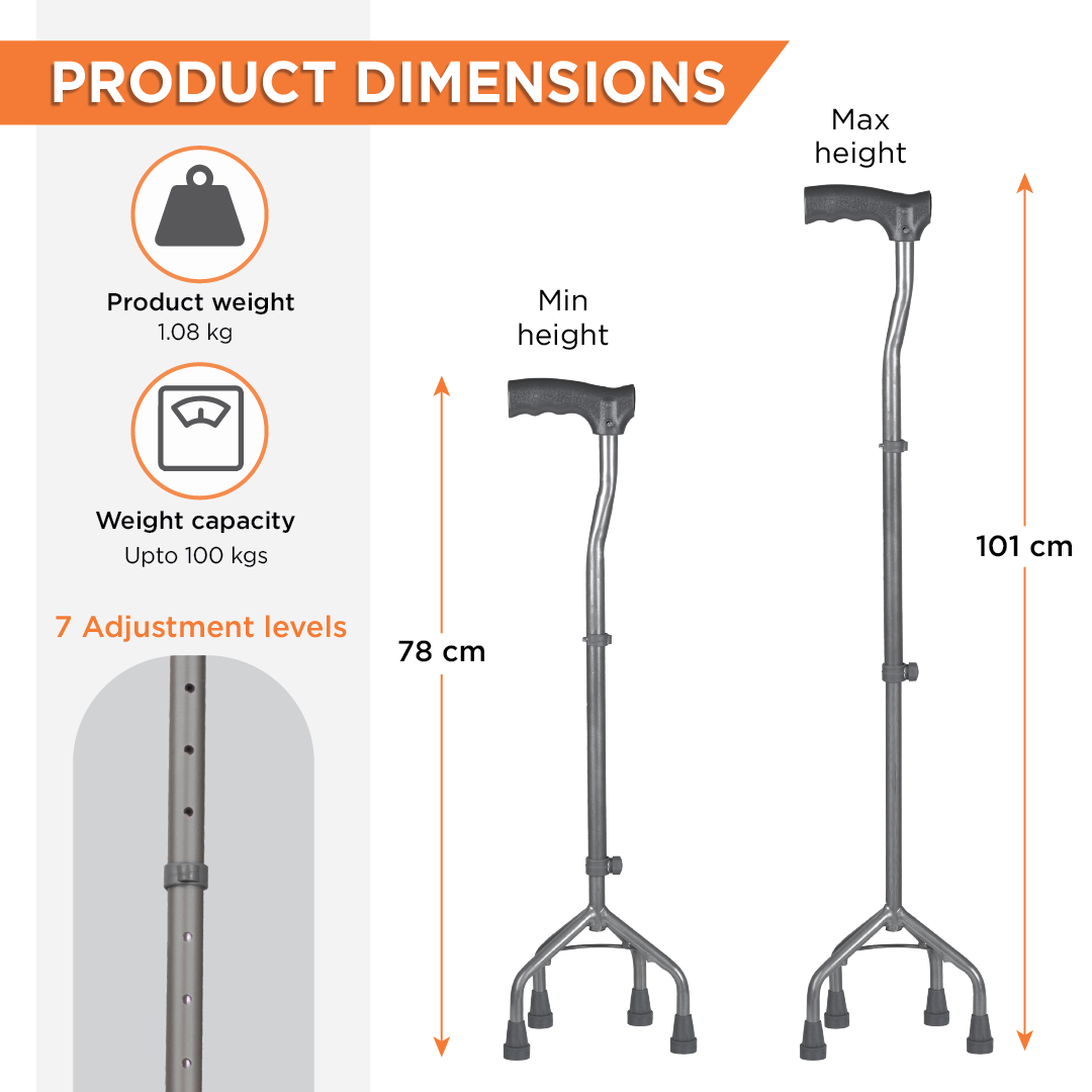 Vissco Medipedic Quadripod Powder Coated Stick for Physically Challeged | Light Weight & Adjustable Height (Grey)