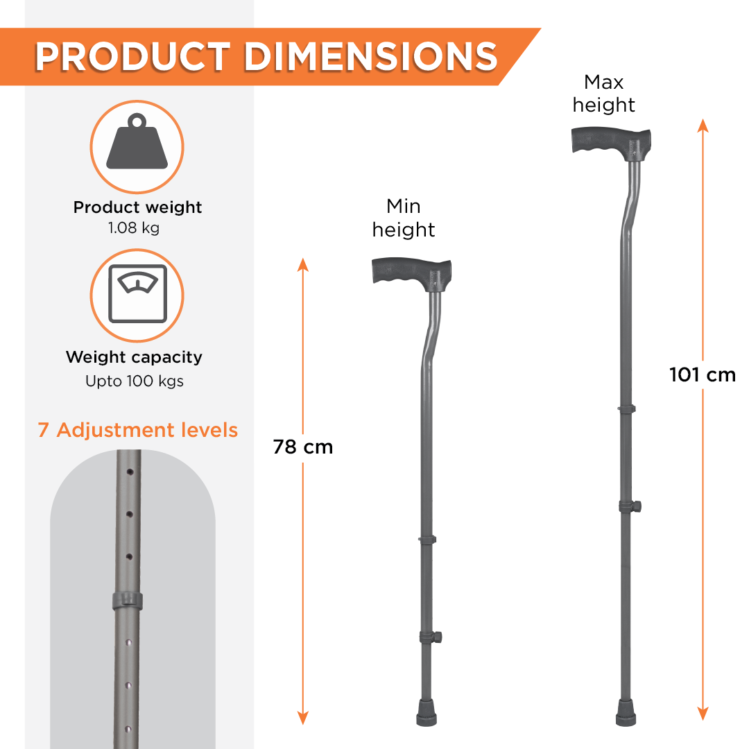 Vissco Medipedic Single Powder Coated Stick for Physically Challenged | Light Weight & Adjustable Height (Grey)