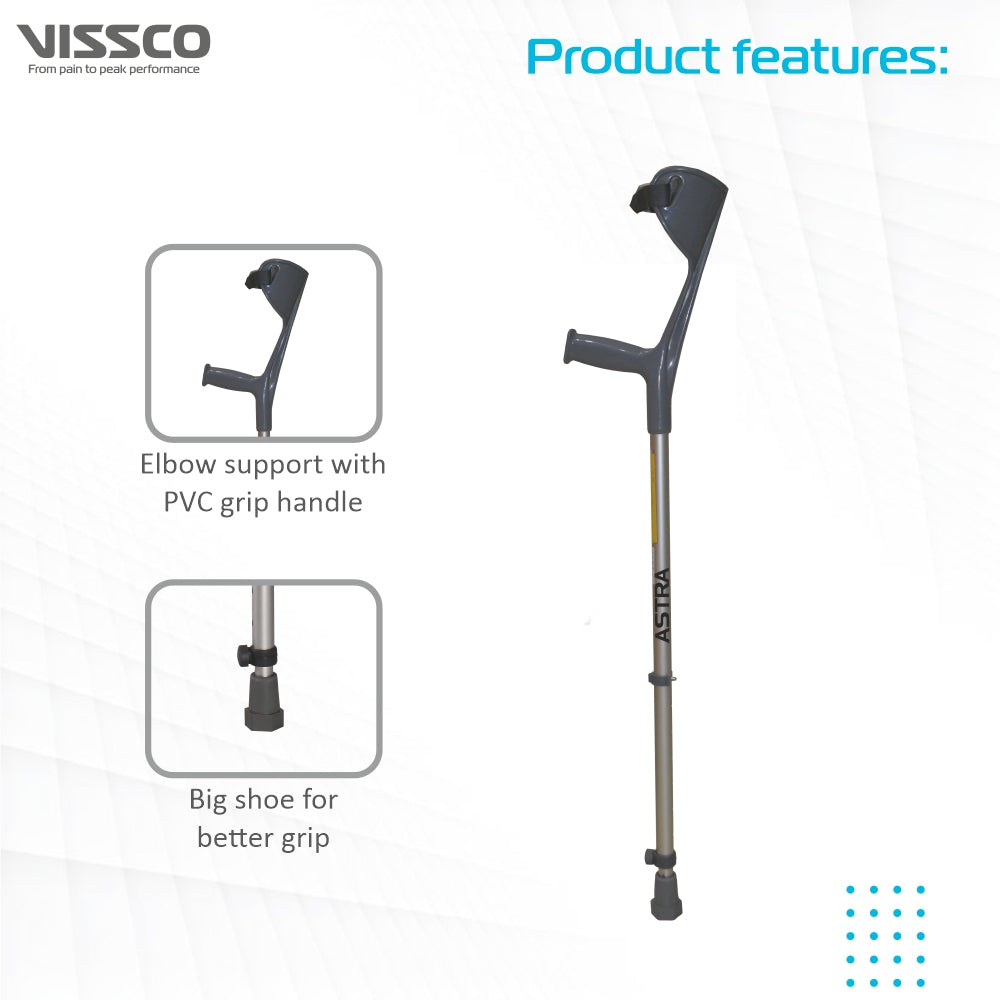 Vissco Champ Max Elbow Crutch (Fixed Handle) for Physically Challenged | Light Weight & Adjustable Height (1 Pair) (Grey)