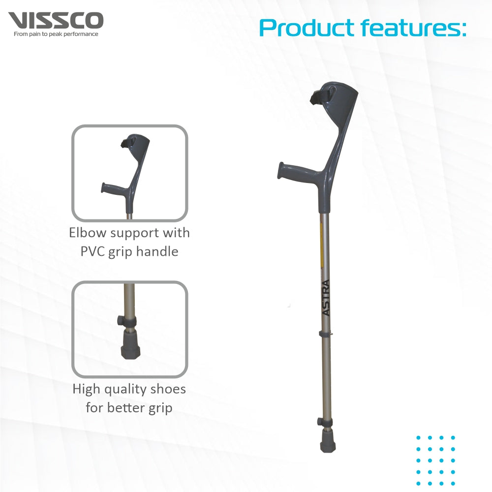 Astra Max Elbow Crutch (Fixed Handle) for Physically Challenged | Light Weight & Adjustable Height (1 Pair) (Grey) - Vissco Next