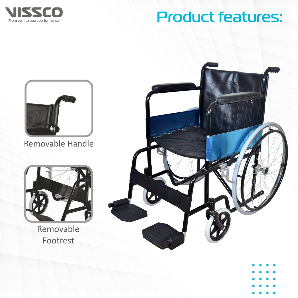 Vissco Rodeo Plus Wheelchair with Spoke Wheels | Fixed Handle & Swingable Footrest | Epoxy Powder Coated | Weight Capacity 110kg | Color (Black)
