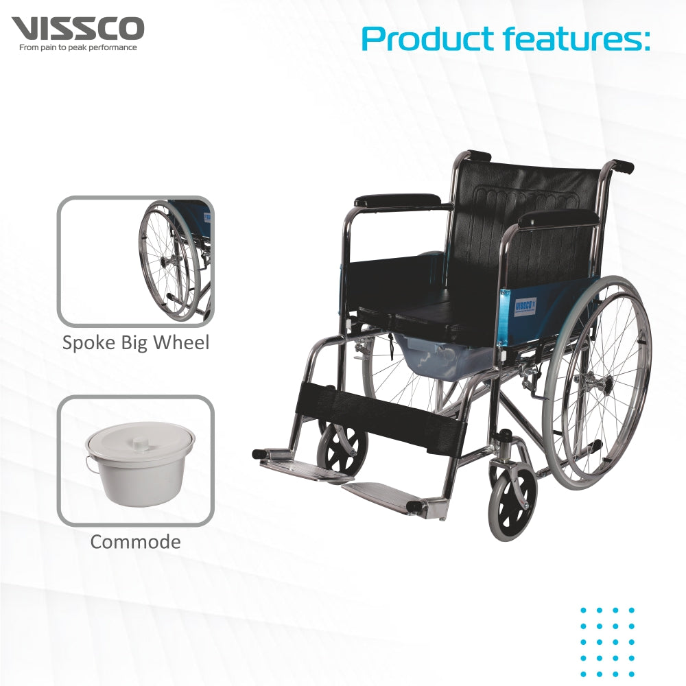 Vissco Comfort Lite Wheelchair with Commode | Back Rest and Arm Rest | Adjustable Height | Foldable | Weight Capacity 100kg | Color (Black)