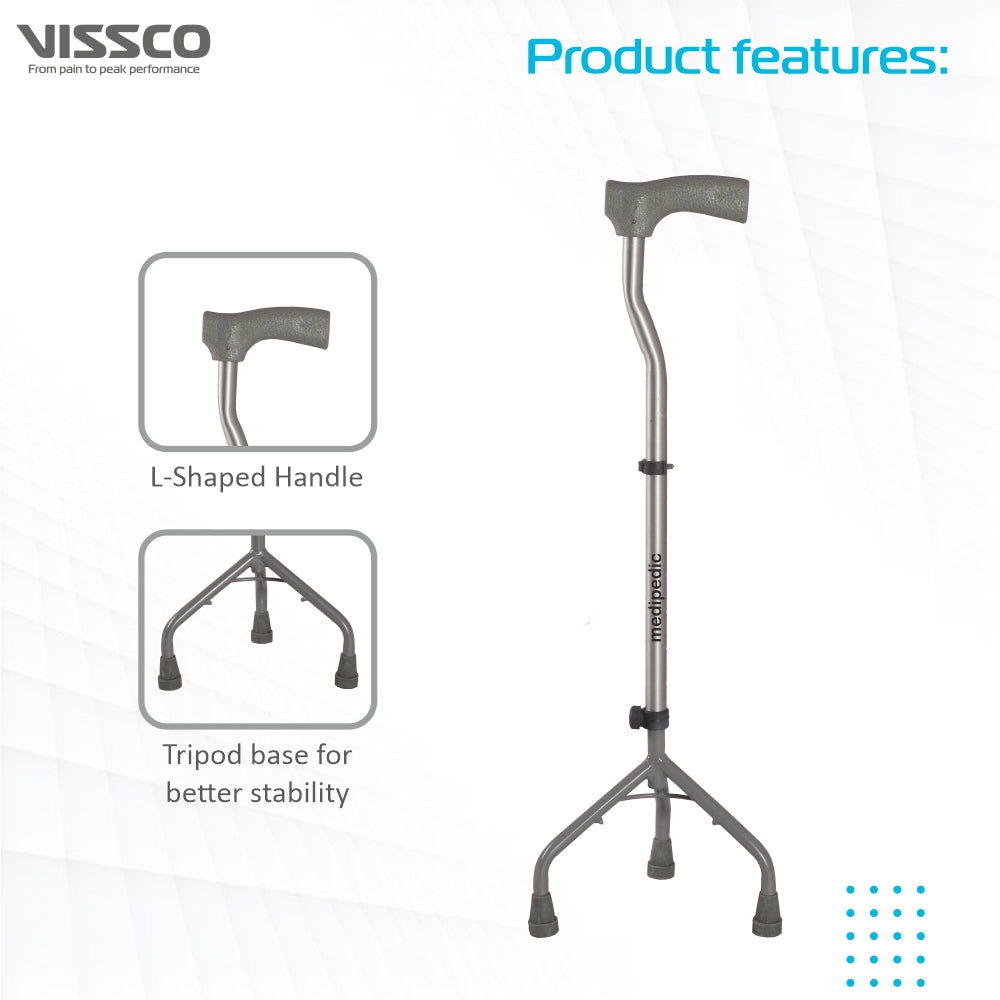 Vissco Medipedic L Shape Tripod Stick for Physically Challeged | Light Weight & Adjustable Height (Grey)