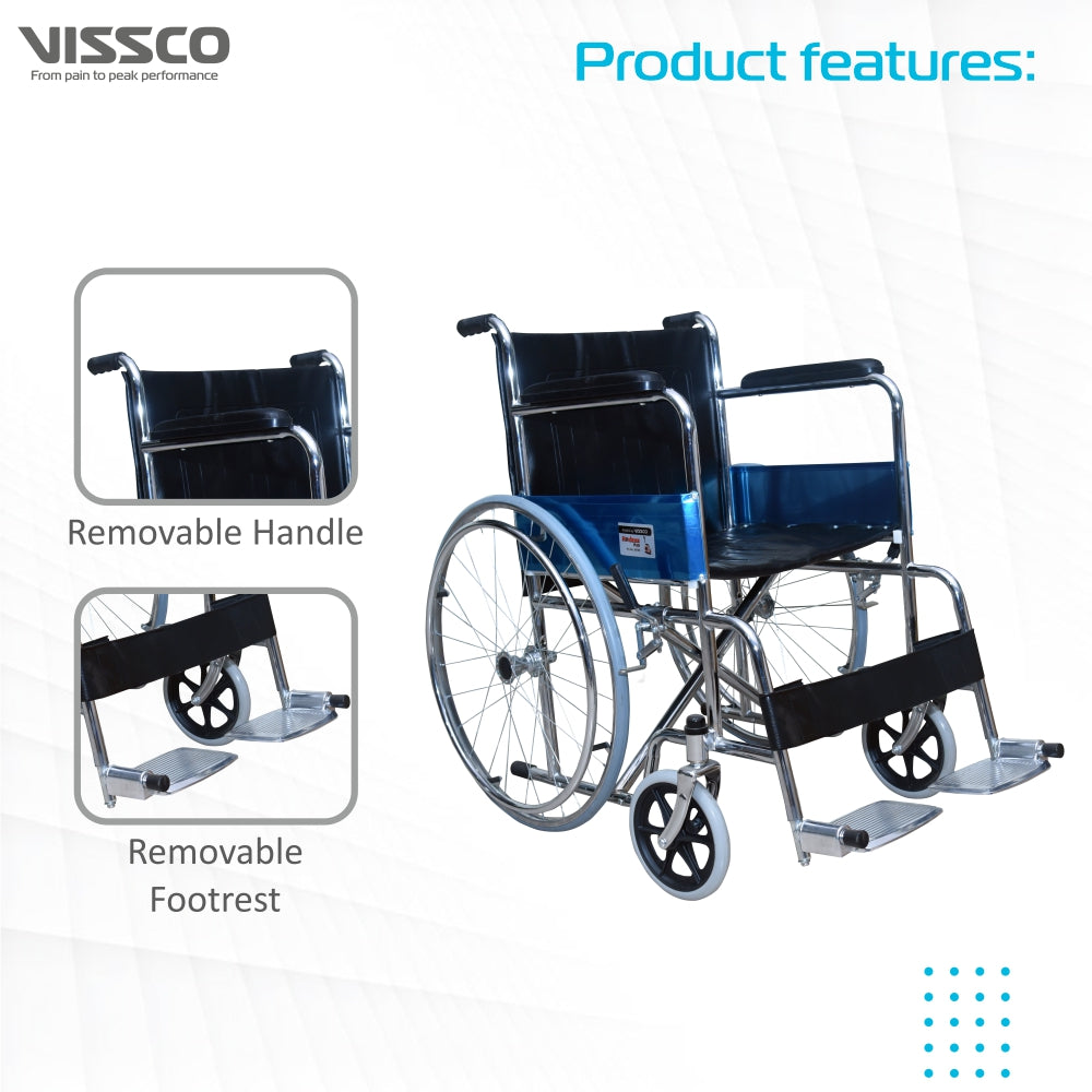 Vissco Rodeo Plus Wheelchair With Spoke Wheels | Fixed Handle | Swingable Footrest | Chrome Plated | Weight Capacity 100kg (Grey)