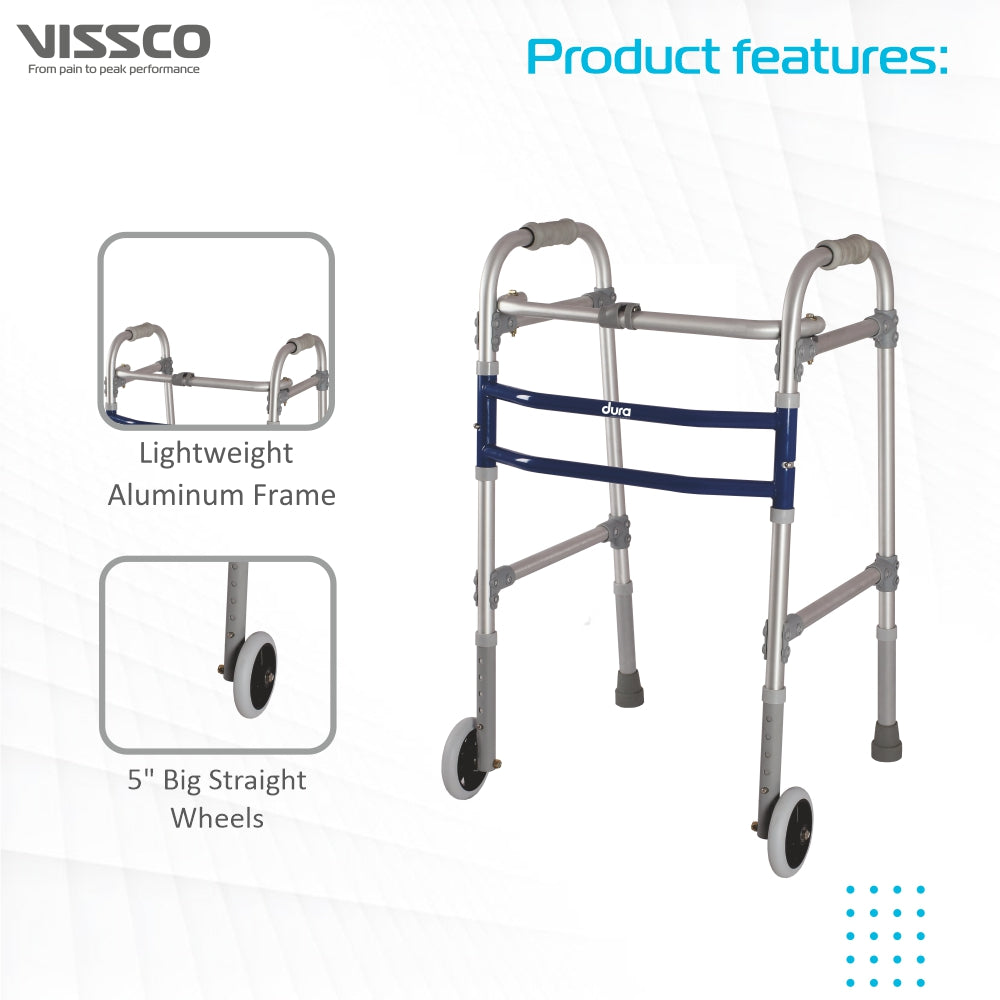 Vissco Dura Max Walker (Aluminium) With Straight Wheel for Elderly & Physically Challenged | Foldable |Light Weight & Adjustable Height (Grey)