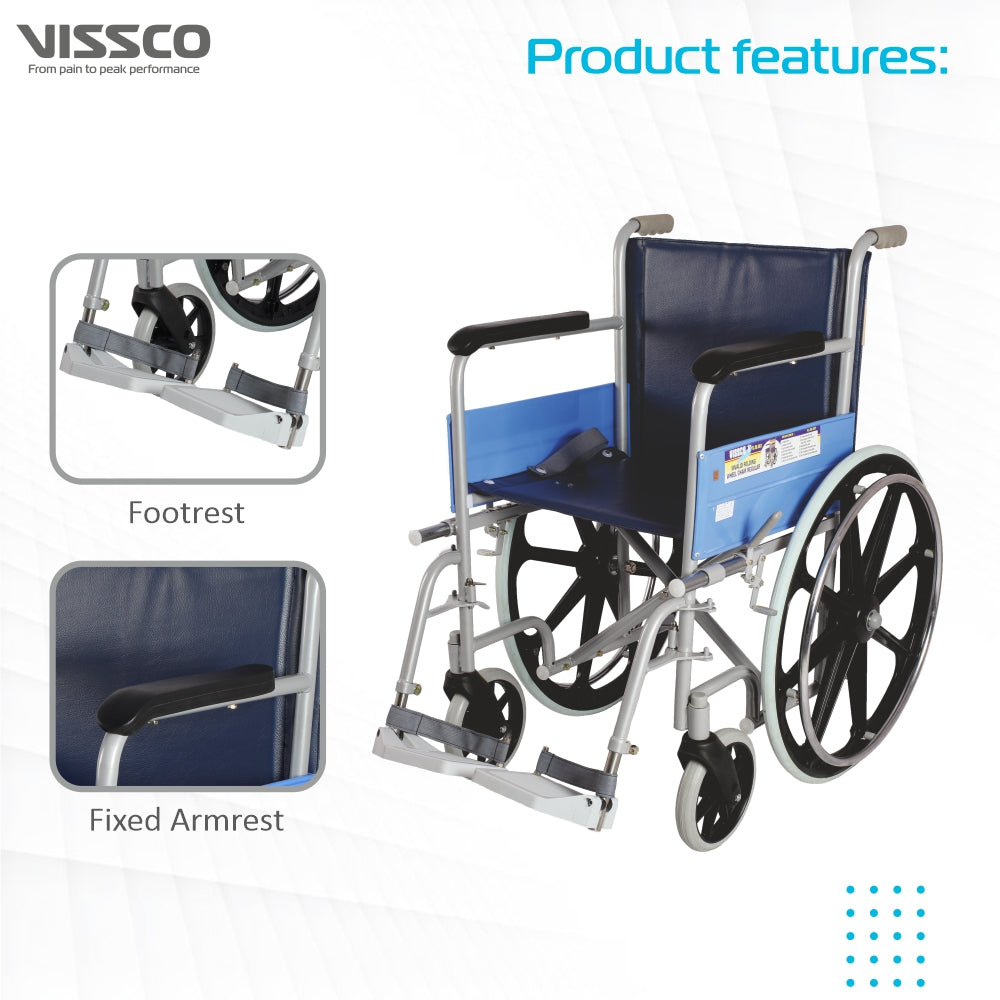 Vissco Classic Wheelchair With Fixed Big Wheel | Folding Mechanism & Fixed Armrest for Elderly & Physically Challenged | Weight Bearing Capacity 110kg (Grey)