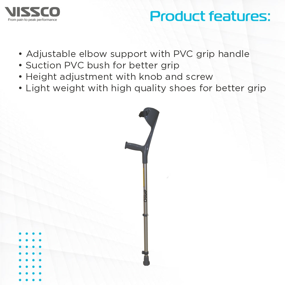 Vissco Champ Max Elbow Crutch (Fixed Handle) for Physically Challenged | Light Weight & Adjustable Height (1 Pair) (Grey)