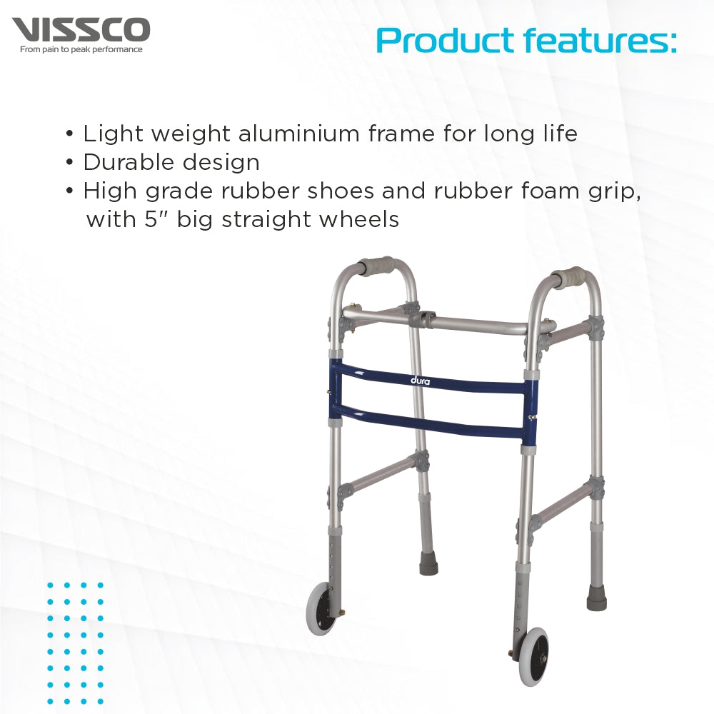 Vissco Dura Max Walker (Aluminium) With Straight Wheel for Elderly & Physically Challenged | Foldable |Light Weight & Adjustable Height (Grey)