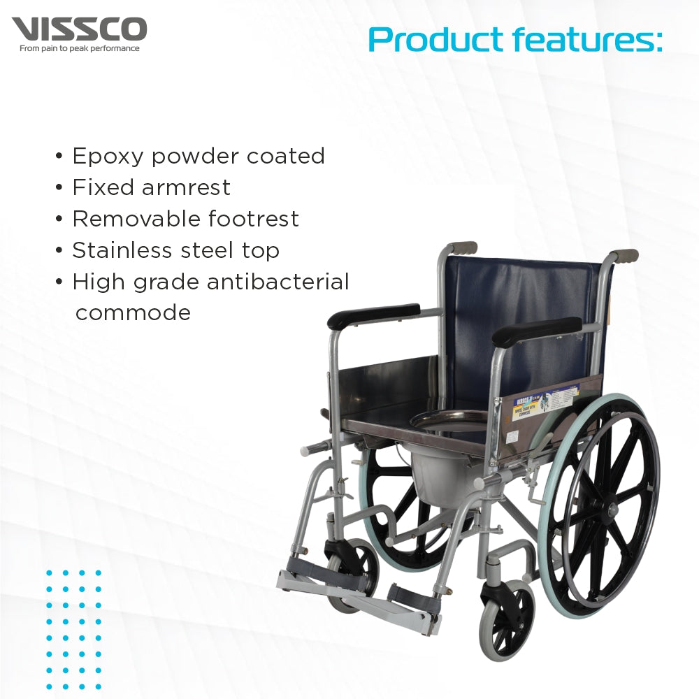 Comfort Wheelchair with Commode Comes With Fixed Arm-rest |Removable footrest |Washable Plastic Bucket|For Elderly & those physically challenged|Weight Capacity 110kg - Universal (Grey) - Vissco Next