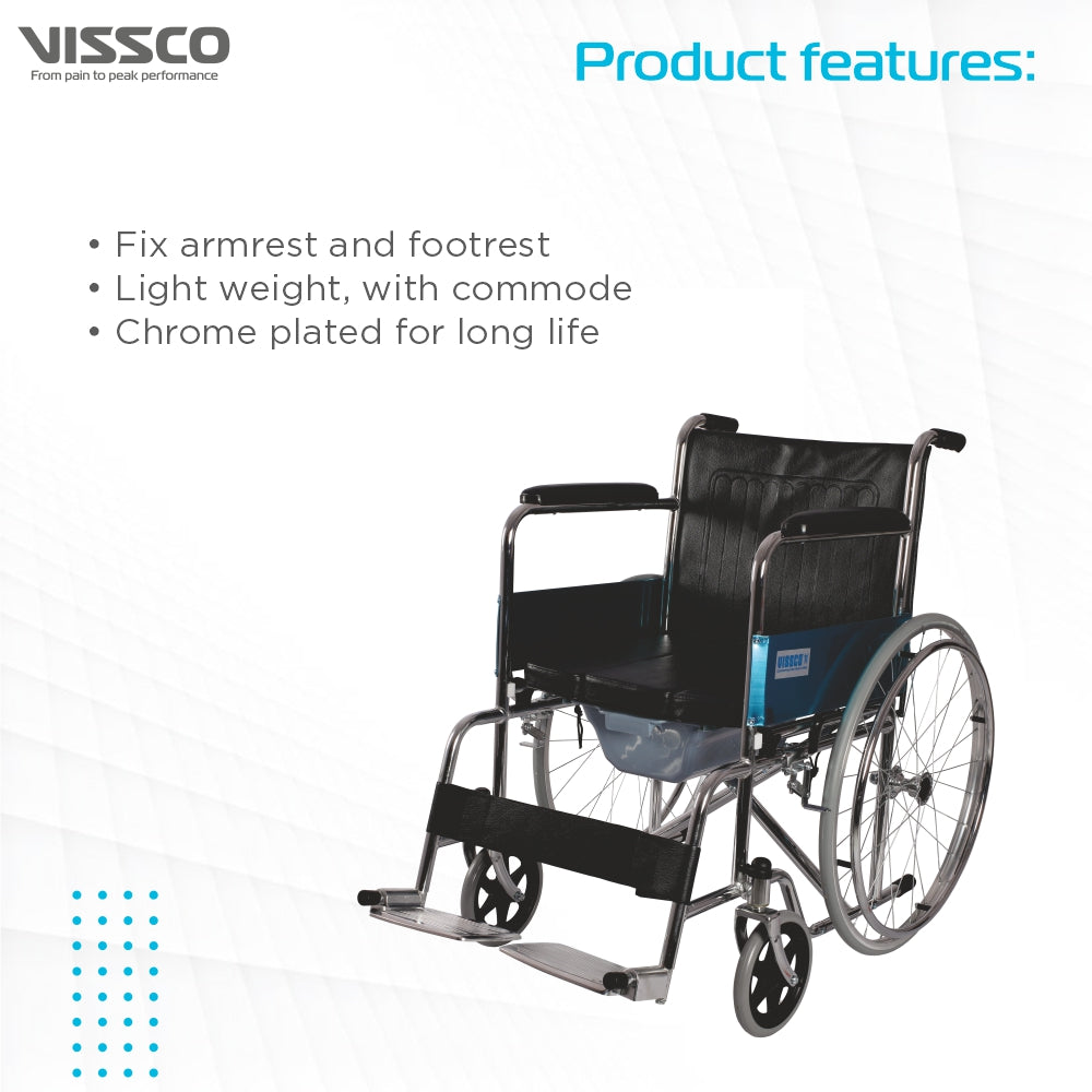 Vissco Comfort Lite Wheelchair with Commode | Back Rest and Arm Rest | Adjustable Height | Foldable | Weight Capacity 100kg | Color (Black)