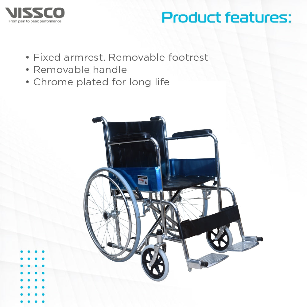 Vissco Rodeo Plus Wheelchair With Spoke Wheels | Fixed Handle | Swingable Footrest | Chrome Plated | Weight Capacity 100kg (Grey)