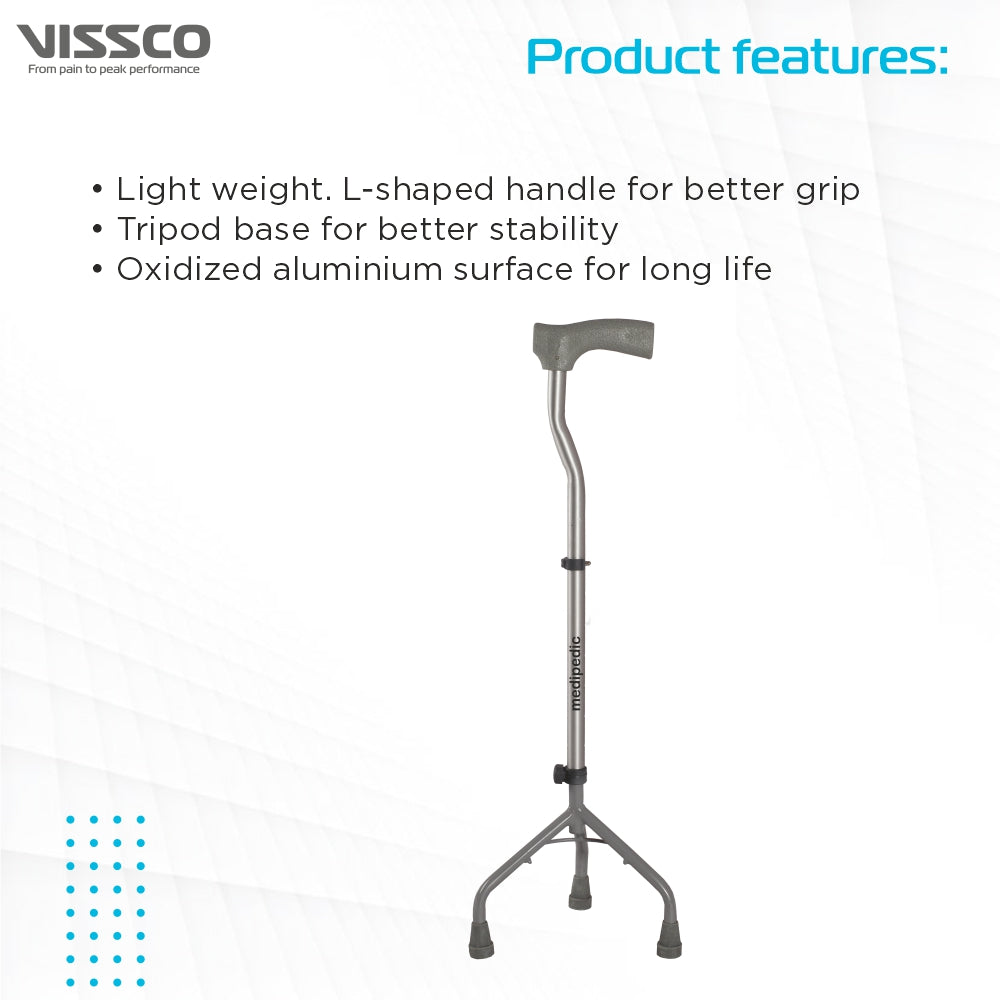 Vissco Medipedic L Shape Tripod Stick for Physically Challeged | Light Weight & Adjustable Height (Grey)