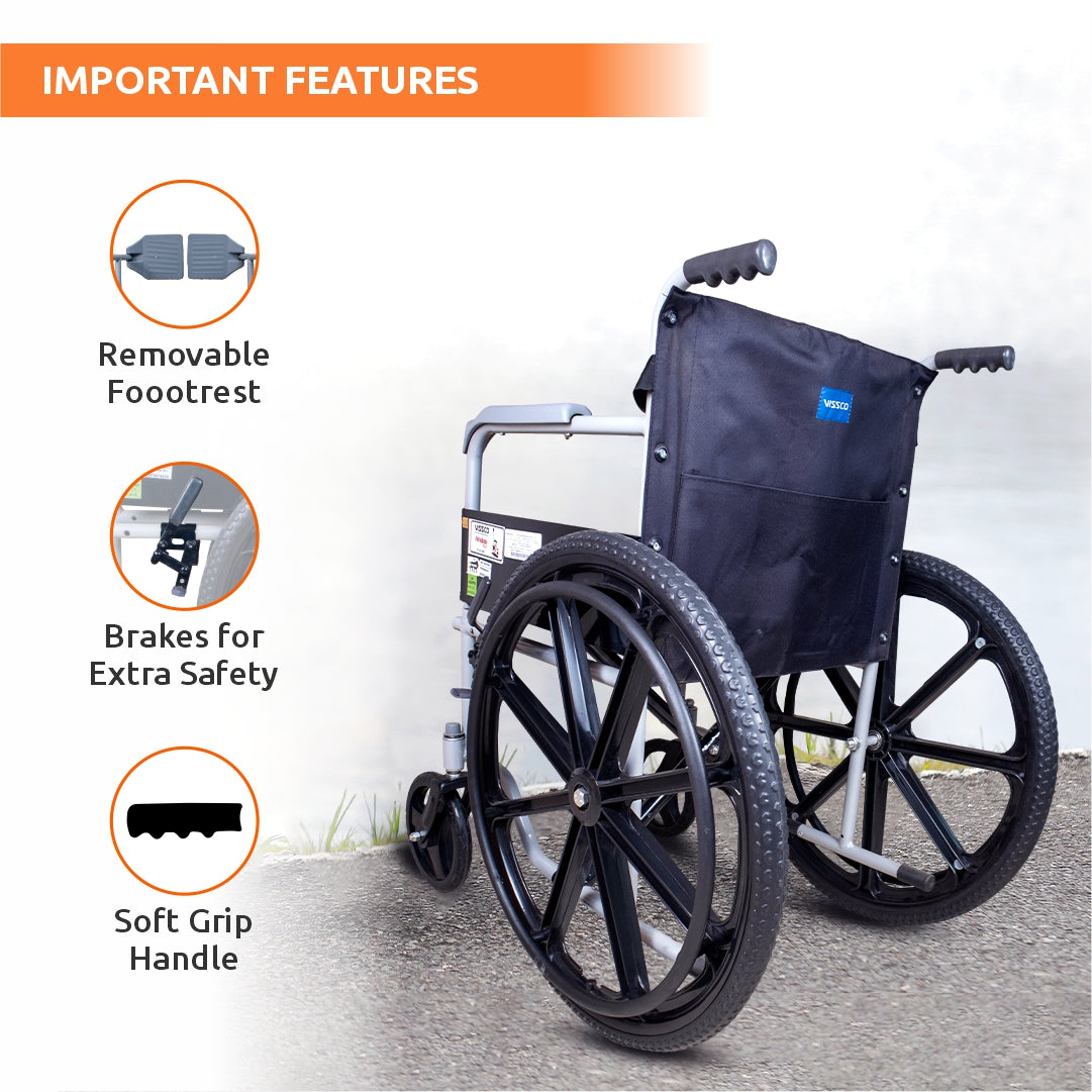 Vissco Rodeo Veer Mag Wheel | WheelChair With Fixed Handle | Swingable Footrest | Weight Capacity 100kg (Grey)