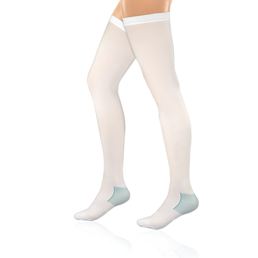 Vissco Anti-Embolism - Thigh (Lower Inspection Hole) | Mild Support | Improves Blood Circulation | Put it on for Swollen, Tired, Aching Legs (White)