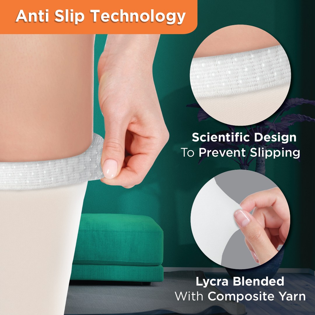 Vissco Anti-Embolism - Thigh (Lower Inspection Hole) | Mild Support | Improves Blood Circulation | Put it on for Swollen, Tired, Aching Legs (White)