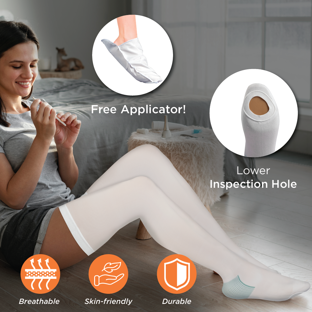 Vissco Anti-Embolism - Thigh (Lower Inspection Hole) | Mild Support | Improves Blood Circulation | Put it on for Swollen, Tired, Aching Legs (White)
